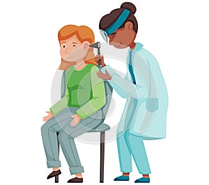 Doctor with forehead reflector examines patient, treatment of pathologies. Health care concept