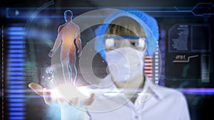 Doctor with futuristic hud screen tablet.Human body scan. Medical concept of the future