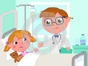 Doctor and girl in hospital bed vector