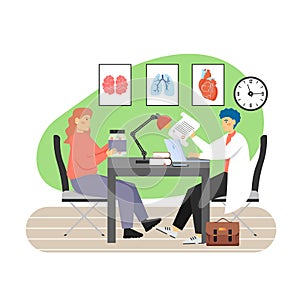 Doctor giving medical prescription to patient sitting at table, flat vector illustration. Doctors appointment.