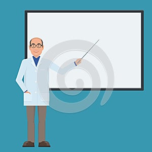 Doctor giving medical presentation on whiteboard. The doctor in