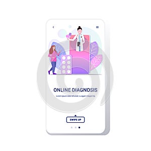 Doctor giving medications pills to woman patient online medical consultation assistance by internet healthcare concept