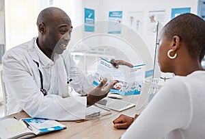 A doctor giving patient hospital information at a clinic and explaining medical benefits to a woman in his office