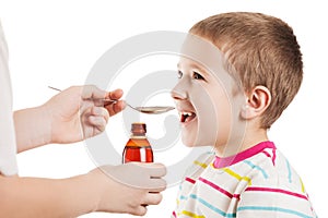 Doctor giving spoon of syrup to boy