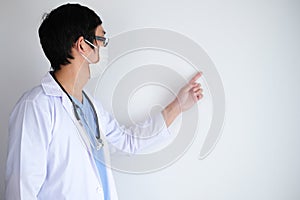 Doctor glide and give the advise the people fo the coronavirus and fighting Covid-19 on white background with copy space