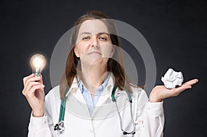 Doctor with glowing light bulb and crumpled paper