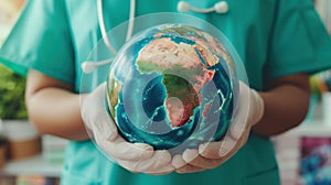 doctor in a green medical robe holding an object in the form of a globe in his hands, concept world health day