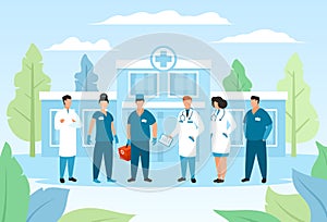 Doctor group in hospital, healthcare vector illustration, cartoon staff medical character in uniform, team medicine