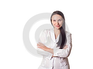 Doctor gynaecologist. Caucasian attractive friendly smiling adult woman in medical gown, half-length portrait, isolated photo