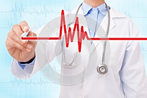 Doctor hand drawing cardiogram and electrocardiogram.