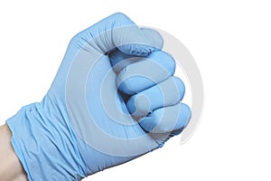 Doctor hand glove shows fist  on white background.