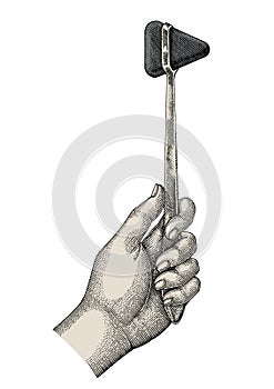 Doctor hand holding medical hammer reflex drawing style engraved