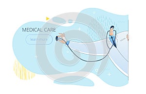 A Doctor hand holding a stethoscope. Banner with text. World Health day concept. Vector illustration