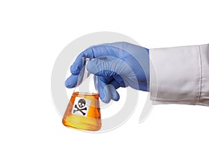 Doctor Hand Holds Toxic Orange Liquid Retort - Isolated Photo