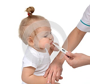 Doctor hand measuring temperature to baby toddler child kid with