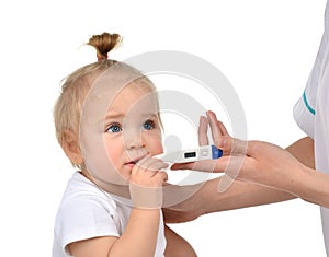 Doctor hand measuring temperature to baby toddler child kid