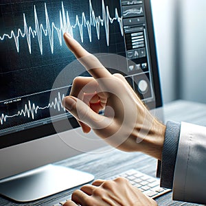 Doctor hand pointing at EEG waves on computer display. Generative AI