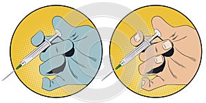 Doctor hand press syringe ready to inject. Stock illustration photo