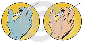 Doctor hand press syringe ready to inject. Stock illustration photo