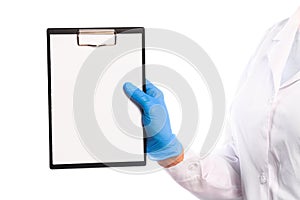 Doctor hand in sterile gloves holding tablet  with text place isolated on white background  - Image