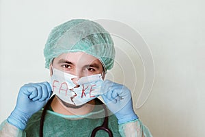 Doctor with hands in fake mask