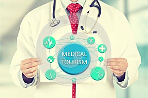 Doctor hands holding card sign with medical tourism message