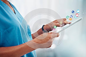 Doctor, hands and tablet in healthcare research, app or software icons for innovation or communication at clinic. Hand