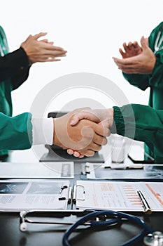 Doctor handshake and partnership in healthcare, medicine or trust for collaboration, unity or support.Team of medical experts