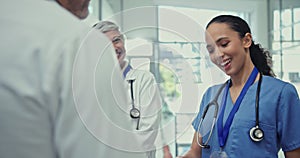 Doctor, handshake and team in meeting for healthcare discussion, greeting or collaboration at the hospital. Medical