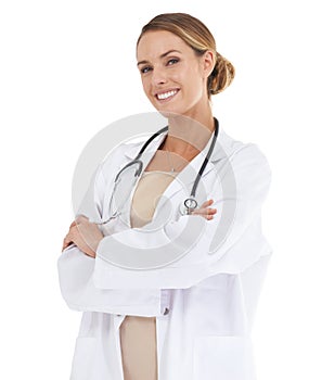 Doctor, happy woman or arms crossed in studio or portrait with confidence in medical career as cardiologist. Pride, coat
