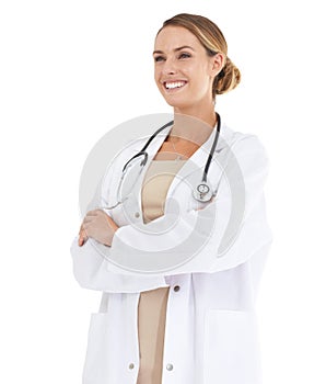 Doctor, happy woman or arms crossed in studio with pride or confidence in medical career as cardiologist. Thinking, coat