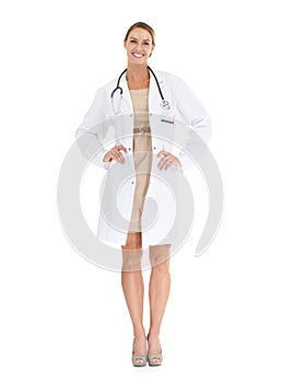 Doctor, happy woman or portrait in studio with pride or confidence in medical career as cardiologist. Full body, coat or