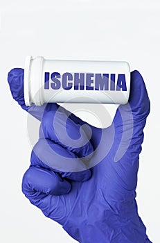 The doctor has a box of pills in his hands, the box says - Ischemia photo
