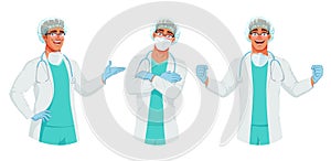 Doctor in hat, mask, and gloves in different poses. Presenting, arms crossed over chest, raising hands up. Vector set