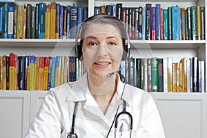 Doctor headset talking online consultation