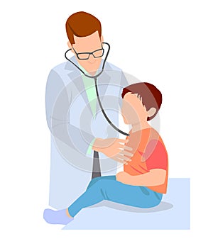 Doctor, health professional, physician in white scrubs examine a child with a stethoscope, listen to his heartbeat Pediatrician
