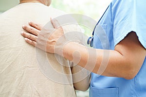 Doctor help and care elderly woman patient in hospital, healthy medical concept