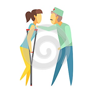 Doctor helping woman walking with crutches. Medical care concept. Colorful cartoon characters