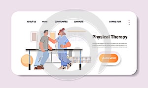 doctor helps patient after injury or medical operation during physio therapy man having physical rehabilitation