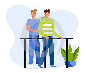 Doctor helps patient to rehab in a clinic after injury. A physiotherapist assist man to start walking again. Flat design