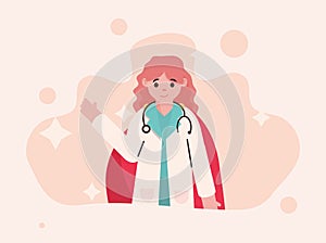 Doctor hero, female physician with stethoscope and red cape
