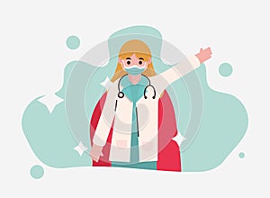 Doctor hero, female physician with stethoscope and red cape