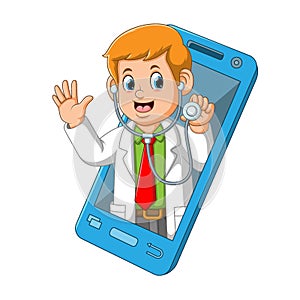 The doctor with his stethoscope came out from the mobile smartphone