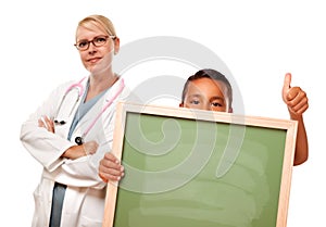 Doctor with Hispanic Child Holding Chalk Board