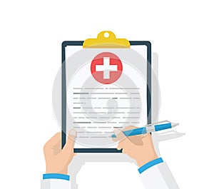 Doctor hold clipboard and takes notes on it. Medical report. Checklist. Flat design, vector illustration on background