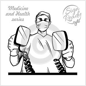 Doctor Hold Defibrillator Medical Clinics Worker Reanimation Hospital Vector Illustration