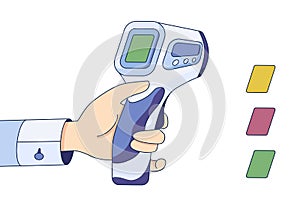 Doctor hold Infrared thermometer in hand, body temperature check in a flat style isolated on a white background
