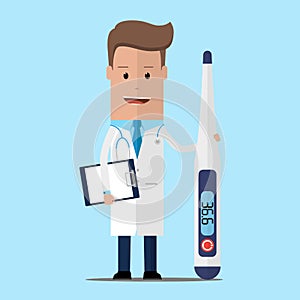 Doctor hold medical digital thermometer in hand. Healthcare concept. Vector illustration