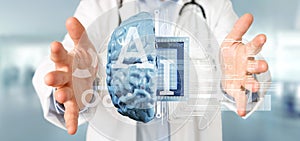 Doctor holding Artificial intelligence icon with half brain and half circuit 3d rendering