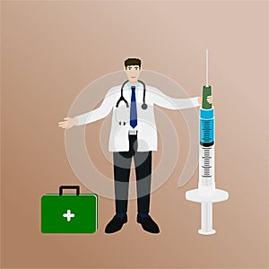 Doctor holding big vaccine syringe concept